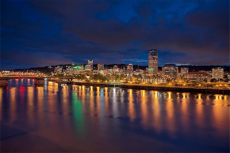 simsearch:400-07424733,k - Portland Oregon Downtown City Skyline Along Willamette River Waterfront at Evening Blue Hour with Storm Clouds Panorama Stock Photo - Budget Royalty-Free & Subscription, Code: 400-07516238