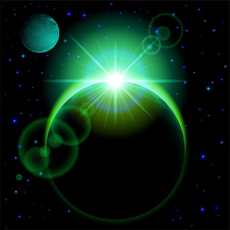 simsearch:400-07550284,k - Space background. Dark planet with green radiance and bright flare in universe Photographie de stock - Aubaine LD & Abonnement, Code: 400-07516280