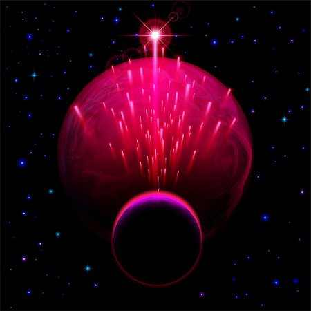 simsearch:400-07516434,k - Space background. Big red planet and small one with star shower and bright flare Stock Photo - Budget Royalty-Free & Subscription, Code: 400-07516281