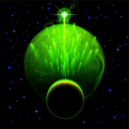 simsearch:400-07550284,k - Space background. Big green planet and small one with star shower and bright flare Photographie de stock - Aubaine LD & Abonnement, Code: 400-07516479