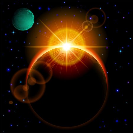 simsearch:400-07550284,k - Space background. Dark planet with yellow radiance and bright flare among stars and other planets Photographie de stock - Aubaine LD & Abonnement, Code: 400-07516628