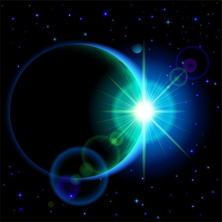 simsearch:400-07516434,k - Space background. Dark planet with cyan radiance and bright flare among stars and other planets Stock Photo - Budget Royalty-Free & Subscription, Code: 400-07516722