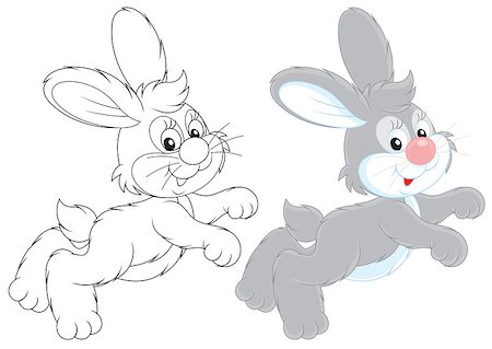 Grey rabbit hopping, color and black-and-white outline illustrations on a white background Stock Photo - Budget Royalty-Free & Subscription, Code: 400-07518246