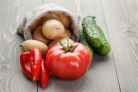 raw potato sack - fresh ripe organic vegetables on wood table Stock Photo - Budget Royalty-Free & Subscription, Code: 400-07510251