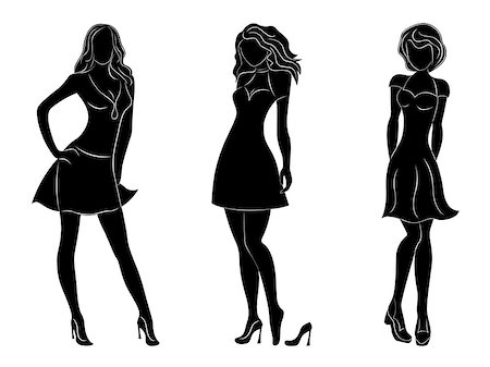 simsearch:400-08573669,k - Three beautiful slim women black silhouettes with white contours, hand drawing vector artwork Stock Photo - Budget Royalty-Free & Subscription, Code: 400-07510391