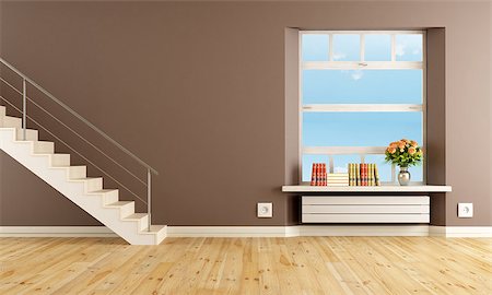 simsearch:400-07513835,k - Brown living room with staircase and window - rendering Foto de stock - Super Valor sin royalties y Suscripción, Código: 400-07556263