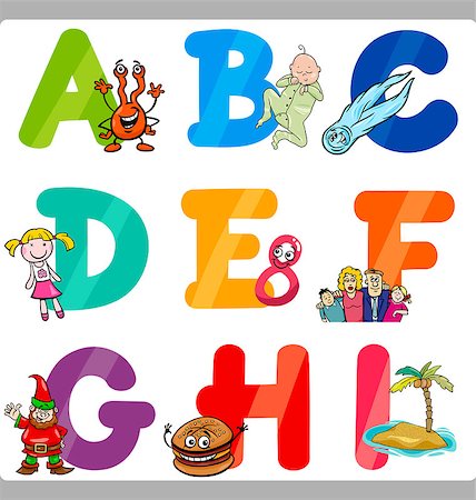 primer - Cartoon Illustration of Funny Capital Letters Alphabet with Objects for Reading and Writing Education for Children from A to I Stock Photo - Budget Royalty-Free & Subscription, Code: 400-07556659