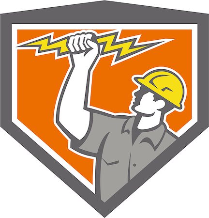 simsearch:400-08629141,k - Illustration of an electrician construction worker wield holding a lightning bolt set inside shield crest done in retro style on isolated white background. Stock Photo - Budget Royalty-Free & Subscription, Code: 400-07550136