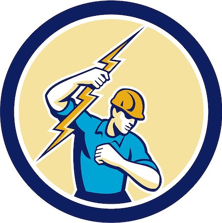 simsearch:400-08629141,k - Illustration of an electrician construction worker holding a lightning bolt set inside circle done in retro style on isolated white background. Stock Photo - Budget Royalty-Free & Subscription, Code: 400-07550137