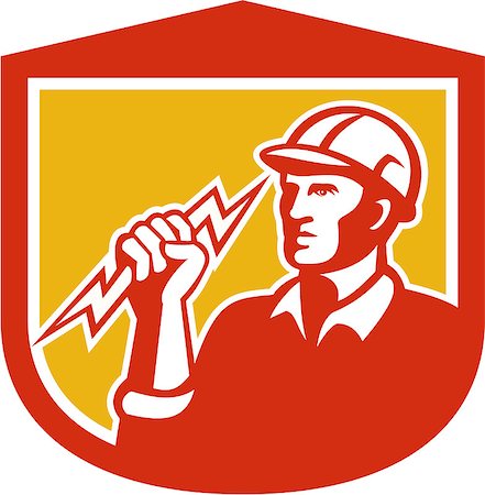 simsearch:400-08629141,k - Illustration of an electrician construction worker clutching holding a lightning bolt set inside shield done in retro style on isolated white background. Stock Photo - Budget Royalty-Free & Subscription, Code: 400-07550149