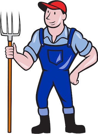 Illustration of organic farmer holding pitchfork facing front standing on isolated background done in cartoon style. Stock Photo - Budget Royalty-Free & Subscription, Code: 400-07550141