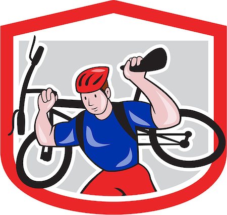 Illustration of a cyclist bicycle mechanic carrying mountain bike on shoulder running  set inside shield crest shape on isolated background done in cartoon style. Stock Photo - Budget Royalty-Free & Subscription, Code: 400-07550157