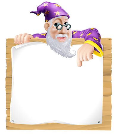 Friendly wizard man with a beard peeking over and pointing at a wooden sign Stock Photo - Budget Royalty-Free & Subscription, Code: 400-07550591