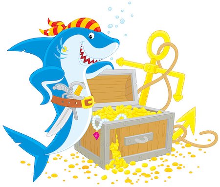 Great white shark with a pirate pistol and saber, chest with treasures and anchor on the bottom of a tropical sea Stock Photo - Budget Royalty-Free & Subscription, Code: 400-07550624