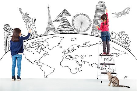 two girl kids drawing global map and famous landmark Stock Photo - Budget Royalty-Free & Subscription, Code: 400-07569801