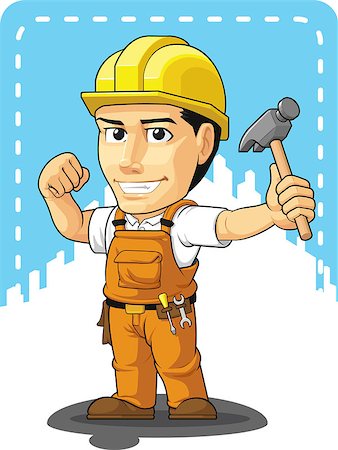 engineers hat cartoon - A vector image of a male construction worker holding hammer. Drawn in cartoon style, this vector is very good for design that need construction site element in cute, funny, colorful and cheerful style. Foto de stock - Super Valor sin royalties y Suscripción, Código: 400-07577911