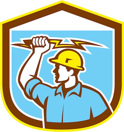 simsearch:400-08629141,k - Illustration of an electrician construction worker holding a lightning bolt set inside shield crest done in retro style on isolated background. Stock Photo - Budget Royalty-Free & Subscription, Code: 400-07571369