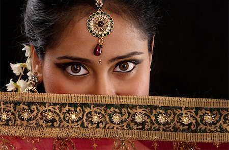 Portrait of beautiful mystery young Indian girl covering her face by veil, looking at camera, isolated on black background. Stock Photo - Budget Royalty-Free & Subscription, Code: 400-07616576