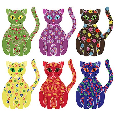 Set of six colourful vector cats with lace ornamental bodies and without contour lines, isolated on white background Stock Photo - Budget Royalty-Free & Subscription, Code: 400-07616625