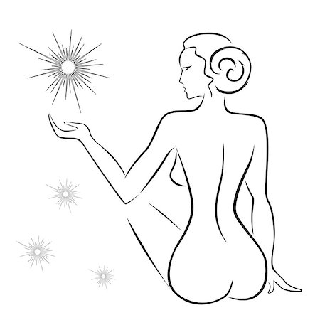 simsearch:400-08573669,k - Abstract outline of a sexy woman sitting back with stars, black over white hand drawing sketching vector artwork Stock Photo - Budget Royalty-Free & Subscription, Code: 400-07618938