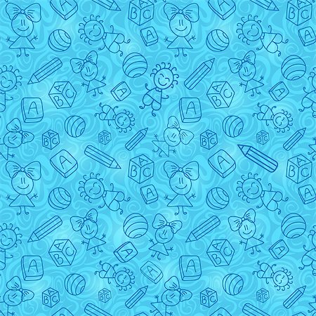 Blue Hand Drawn Seamless Pattern with Kid, Book and Pencil Silhouettes. Vector Background Stock Photo - Budget Royalty-Free & Subscription, Code: 400-07619817