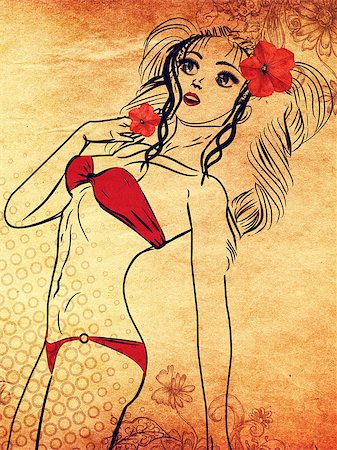simsearch:400-08573669,k - Beautiful cartoon girl with emerald eyes in red bikini on paper background. Line art style. Stock Photo - Budget Royalty-Free & Subscription, Code: 400-07619831