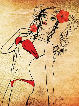 simsearch:400-08573669,k - Beautiful cartoon girl with emerald eyes in red bikini on paper background. Line art style. Stock Photo - Budget Royalty-Free & Subscription, Code: 400-07619832