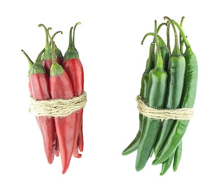 simsearch:628-02228100,k - Two sets of red and green hot chili pepper on a white background Stock Photo - Budget Royalty-Free & Subscription, Code: 400-07613230