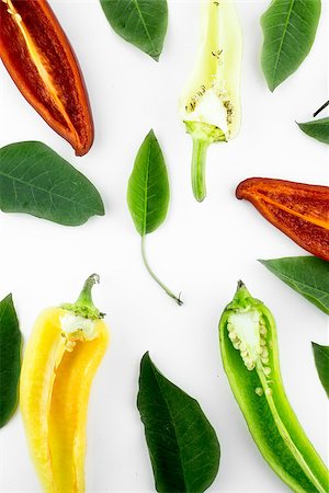 simsearch:628-02228100,k - red, yellow and green hot chili pepper slices with leaves on a white background Stock Photo - Budget Royalty-Free & Subscription, Code: 400-07613598