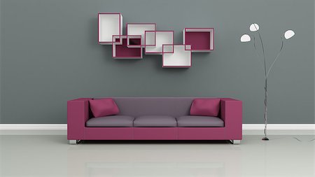 simsearch:600-06808788,k - Purple sofa, chromed lamp and shelves on grey wall. Modern interior composition. 3d rendered. Photographie de stock - Aubaine LD & Abonnement, Code: 400-07624181