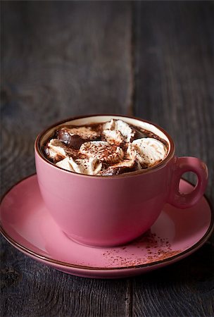 Cup of delicious hot chocolate with marshmallow on wooden background. Stock Photo - Budget Royalty-Free & Subscription, Code: 400-07626088