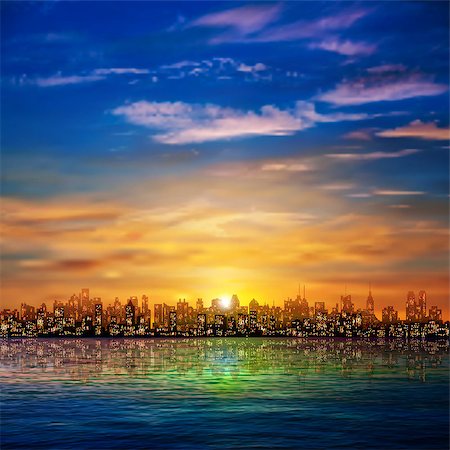 abstract nature background with panorama of city clouds and golden sunset Stock Photo - Budget Royalty-Free & Subscription, Code: 400-07626597