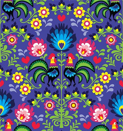 floral embroidery vectors - Repetitive colorful background - folk art print from Poland on purple background Stock Photo - Budget Royalty-Free & Subscription, Code: 400-07626627