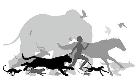 simsearch:400-04280168,k - Editable vector silhouettes of a man running together with various animals Stock Photo - Budget Royalty-Free & Subscription, Code: 400-07626870