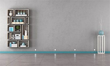 simsearch:400-07513835,k - Gray interior with modern bookshelf on wall - rendering Foto de stock - Super Valor sin royalties y Suscripción, Código: 400-07627151