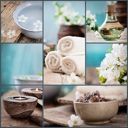 spa water background pictures - Spa collage series. Spa collage made of five images. Floral water, cherry flowers, bath salt, candles and towel. Stock Photo - Budget Royalty-Free & Subscription, Code: 400-07620485