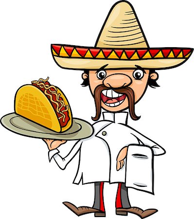 food in the restaurant cartoon - Cartoon Illustration of Funny Mexican Chef or Waiter with Taco Stock Photo - Budget Royalty-Free & Subscription, Code: 400-07621614