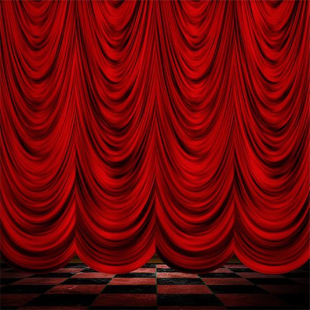 Close view of decorative red theater stage curtains with checkered floor. Foto de stock - Super Valor sin royalties y Suscripción, Código: 400-07634588
