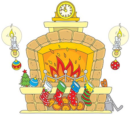 Home fireplace with burning fire, candles, clock and decorated socks for gifts Stock Photo - Budget Royalty-Free & Subscription, Code: 400-07633309