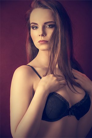 simsearch:400-06428713,k - Beautiful, young, sensual woman with long, straight, brown hair, dark make up, wearing sexy, balck lingerie. Stock Photo - Budget Royalty-Free & Subscription, Code: 400-07633854