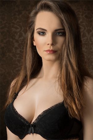 simsearch:400-06428713,k - Beautiful, young, sensual woman with long, straight, brown hair, dark make up, wearing sexy, balck lingerie. Stock Photo - Budget Royalty-Free & Subscription, Code: 400-07633853