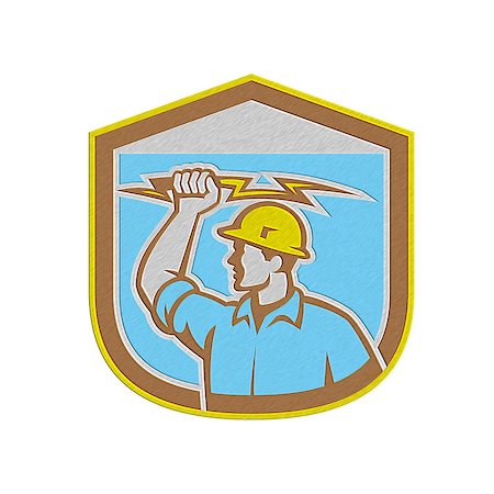 simsearch:400-08629141,k - Metallic styled illustration of an electrician construction worker holding a lightning bolt set inside shield crest done in retro style on isolated background. Stock Photo - Budget Royalty-Free & Subscription, Code: 400-07656999