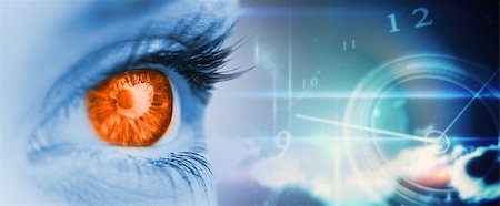 Orange eye on blue face against blue glowing technology design with clock Stock Photo - Budget Royalty-Free & Subscription, Code: 400-07665571