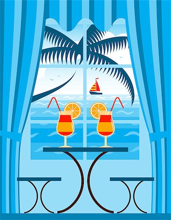 simsearch:400-05944023,k - vector summer cocktails and palm tree and sailboat floating on the sea outside the window, Adobe Illustrator 8 format Stock Photo - Budget Royalty-Free & Subscription, Code: 400-07667281