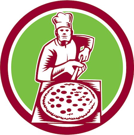 Illustration of a baker pizza maker holding a pizza peel viewed from front set inside circle done in woodcut retro style. Stock Photo - Budget Royalty-Free & Subscription, Code: 400-07667519