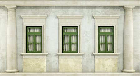 Detail of classic facade with three green windows and column - rendering Stock Photo - Budget Royalty-Free & Subscription, Code: 400-07668625