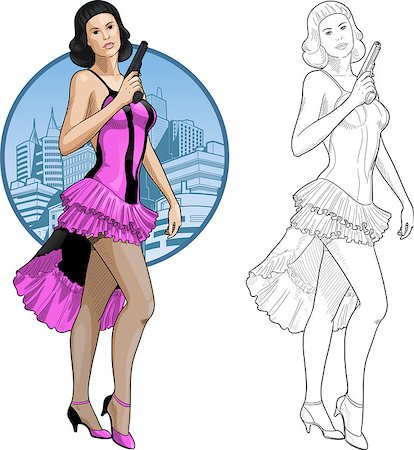erotic female figures - Vector illustration in action comics style asian woman poses dressed in white and black retro dress with a gun Stock Photo - Budget Royalty-Free & Subscription, Code: 400-07662231