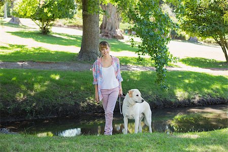 sun dogs - Pretty smiling blonde walking with her labrador in the park on a sunny day Stock Photo - Budget Royalty-Free & Subscription, Code: 400-07663772