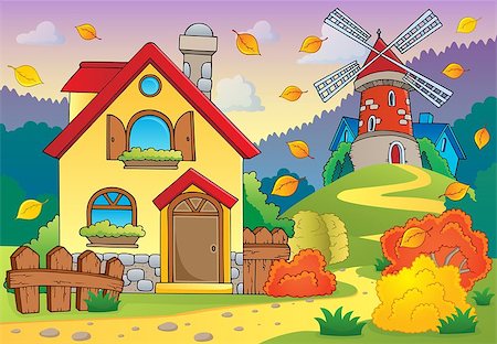 simsearch:400-05724401,k - Autumn theme house and windmill - eps10 vector illustration. Stock Photo - Budget Royalty-Free & Subscription, Code: 400-07677687