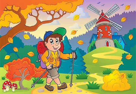 simsearch:400-05724401,k - Hiker walking on path near windmill - eps10 vector illustration. Stock Photo - Budget Royalty-Free & Subscription, Code: 400-07677703